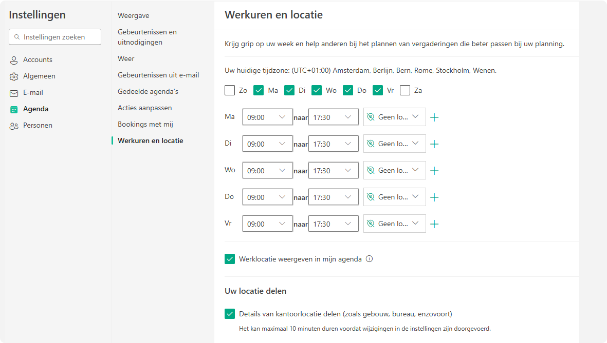 Werkuren instellen outlook