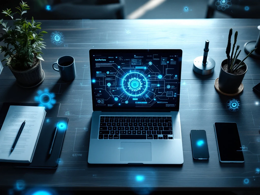 Moderne laptop op bureau toont geautomatiseerde workflow diagrammen met holografische tandwiel iconen en blauwe interface elementen