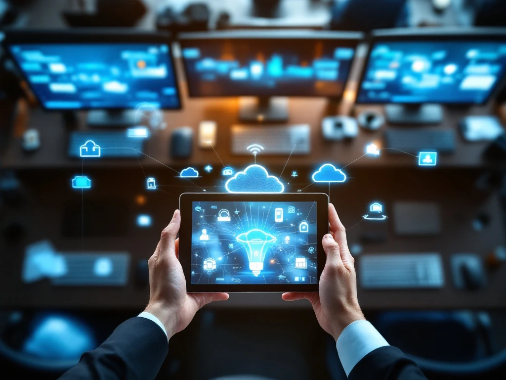Luchtfoto van moderne kantoorwerkplekken met handen op tablet met netwerkiconen, IT-infrastructuur zichtbaar