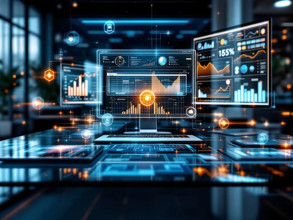 moderne-digitale-werkplek-dashboard-integratie.jpg Moderne digitale werkruimte met glazen bureau, laptops, tablets en monitoren met gesynchroniseerde dashboards en holografische elementen