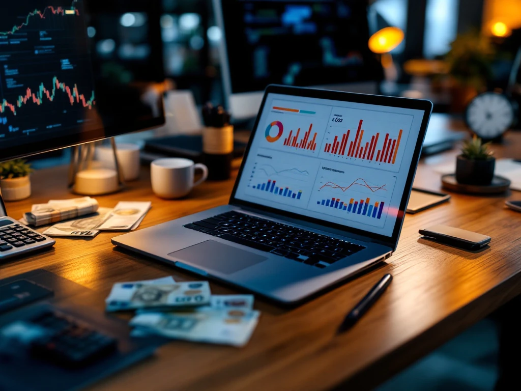 it-kosten-analyse-kantoor-bureau-financieel-planning.jpg Laptop met kleurrijke kostenanalyse grafieken op bureau met eurobiljetten, calculator en kantoorbenodigdheden van bovenaf