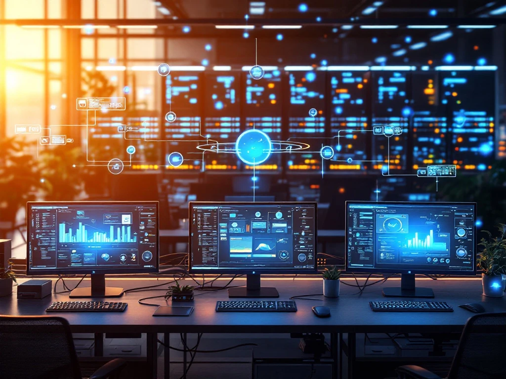 Moderne ICT-werkruimte met computerstations, serverracks en netwerkvisualisaties vanuit vogelperspectief