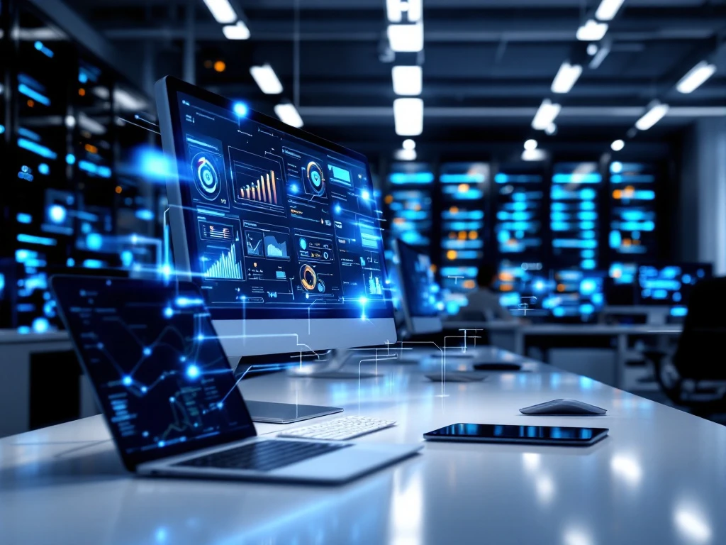 ict-service-management-moderne-kantoor-werkplek.jpg Moderne kantooromgeving met computerworkstations, serverracks met blauwe LED's en netwerkapparatuur voor ICT-beheer