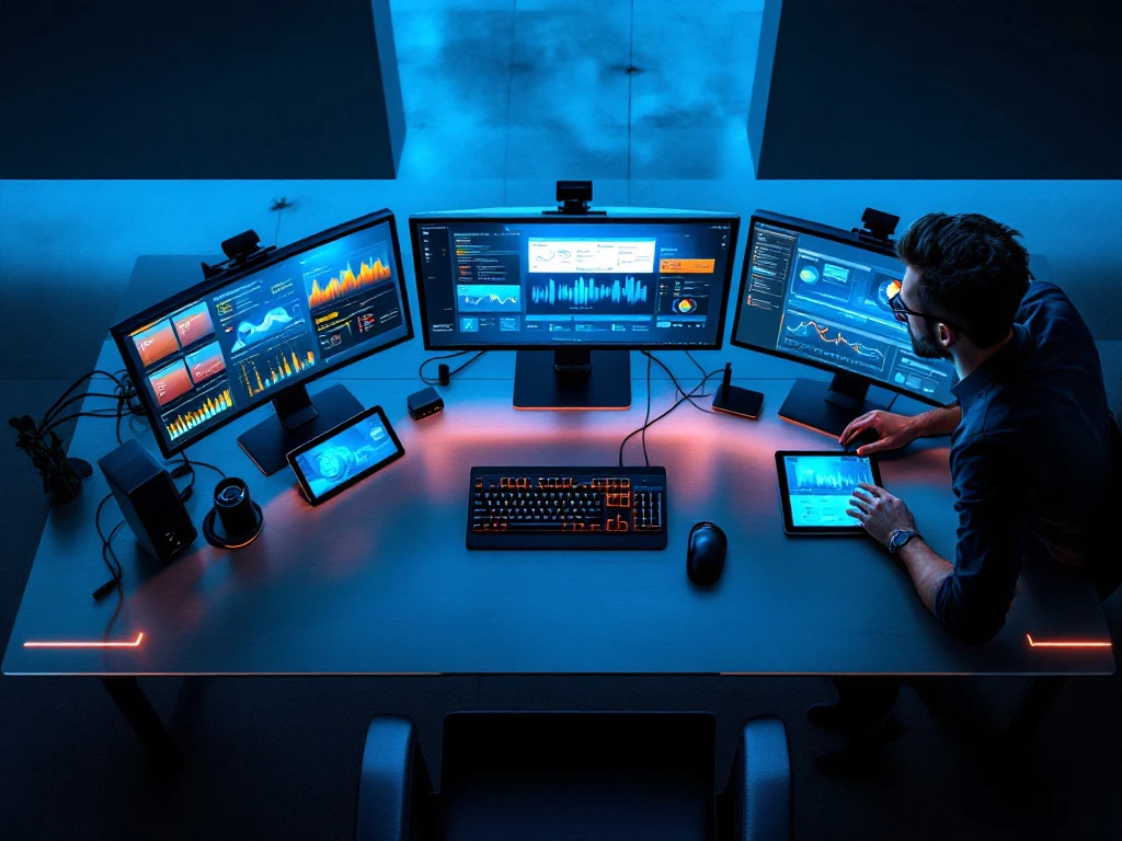 ict-beheer-werkplek-monitoring-dashboards.jpg Moderne IT-werkplek met meerdere monitoren die netwerkdiagrammen tonen, professionele tools en tablets op bureau