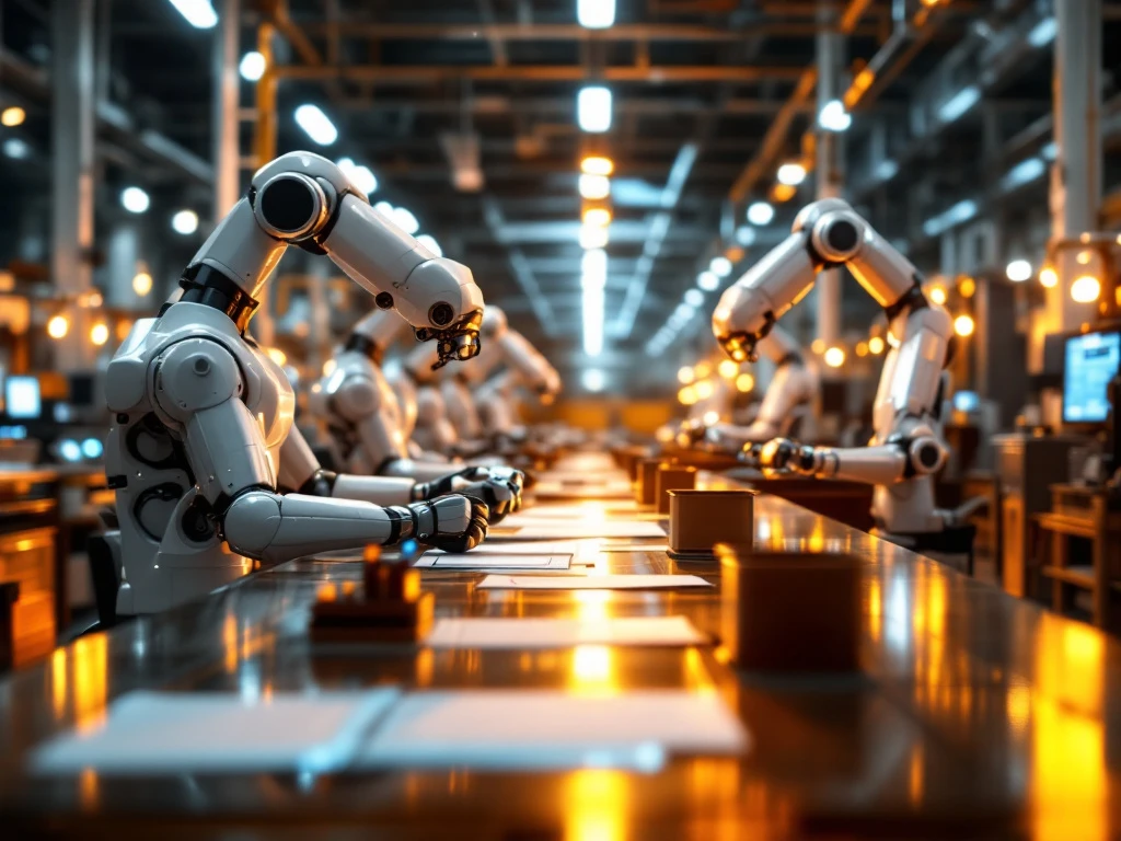 Industriële fabriek toont overgang van handmatige werkstations naar geautomatiseerde robotarmen en digitale controlepanelen