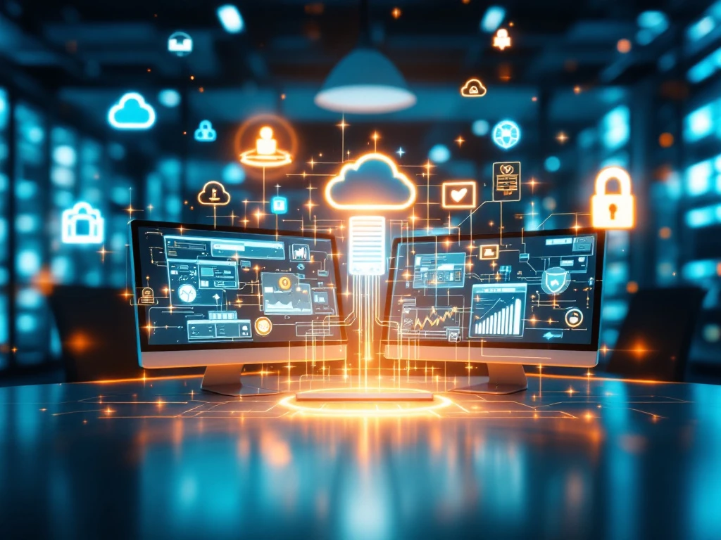 Modern kantoorbureau met computermonitoren die netwerkdiagrammen tonen, omringd door holografische IT-iconen en servers