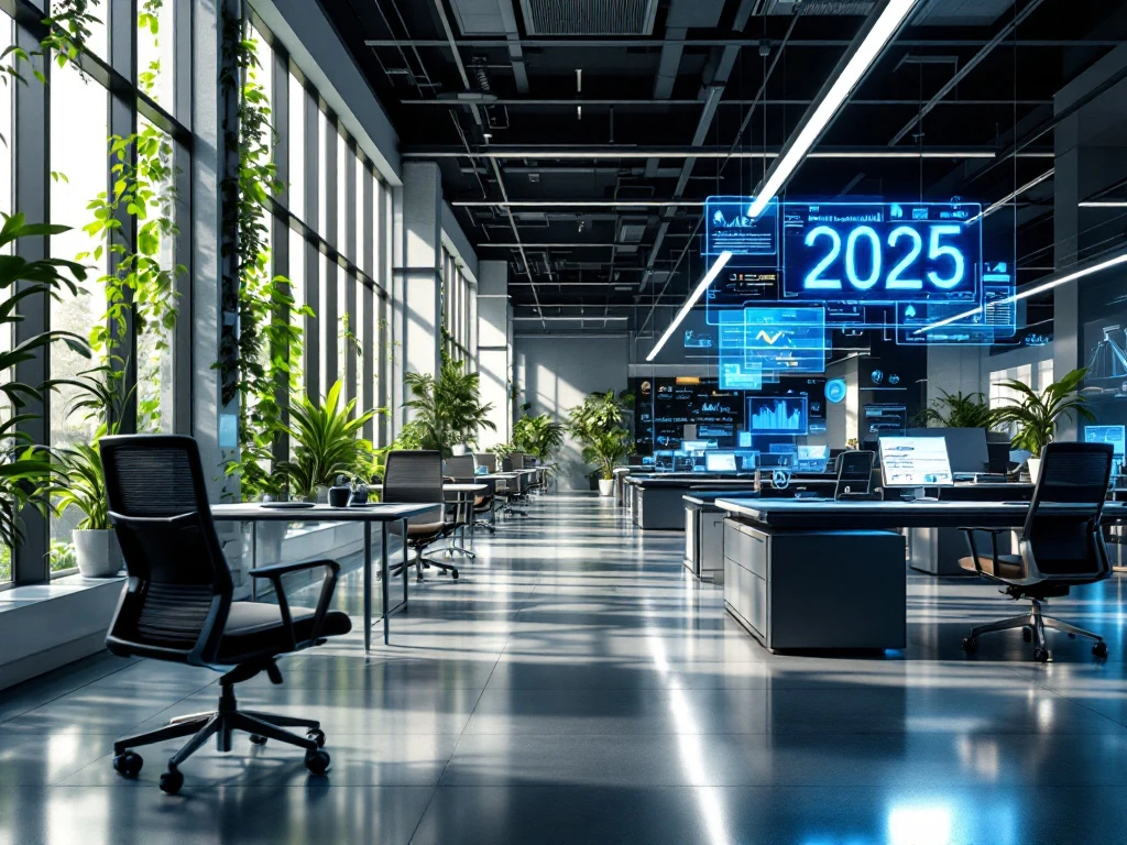 moderne-kantoor-2025-ai-werkplek-technologie.jpg Moderne kantooromgeving met holografische displays, AI-bureaus, groene technologie en hybride werkruimtes in 2025