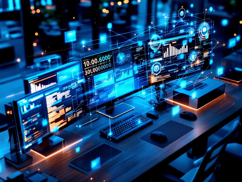 it-infrastructuur-beheer-moderne-kantoor-workspace.jpg Moderne kantoorwerkruimte met computermonitoren die IT-dashboards tonen en holografische netwerkdiagrammen