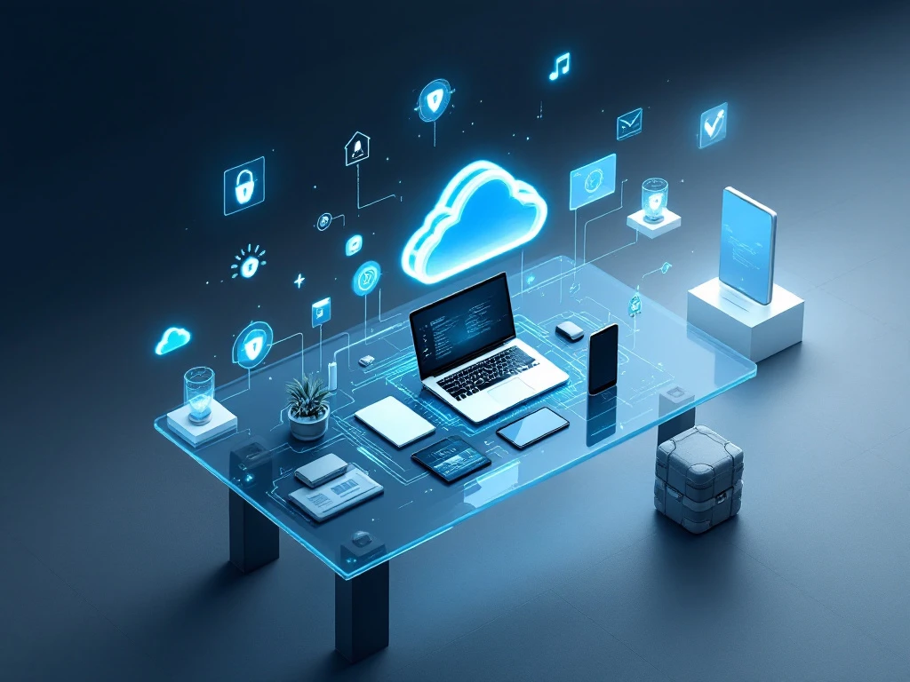 moderne-werkplek-technologie-integratie-kantoor.jpg Moderne werkplek met laptop, tablet en smartphone verbonden door holografische datastromen en cloud-connectiviteit iconen