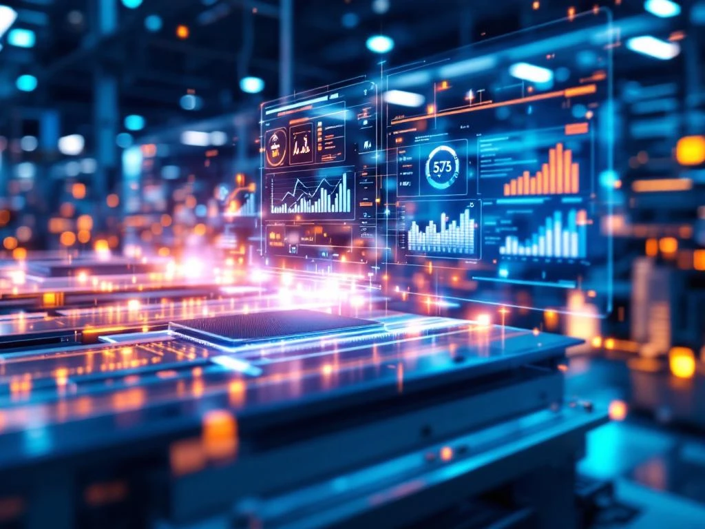 Moderne fabrieksvloer met holografische AI-interface, robotarmen en realtime data-analyse in blauw en oranje licht