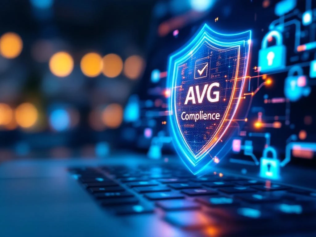 Holografisch beveiligingsschild met AVG-vinkjes boven laptop toetsenbord met AI-interface elementen en blauwe verlichting
