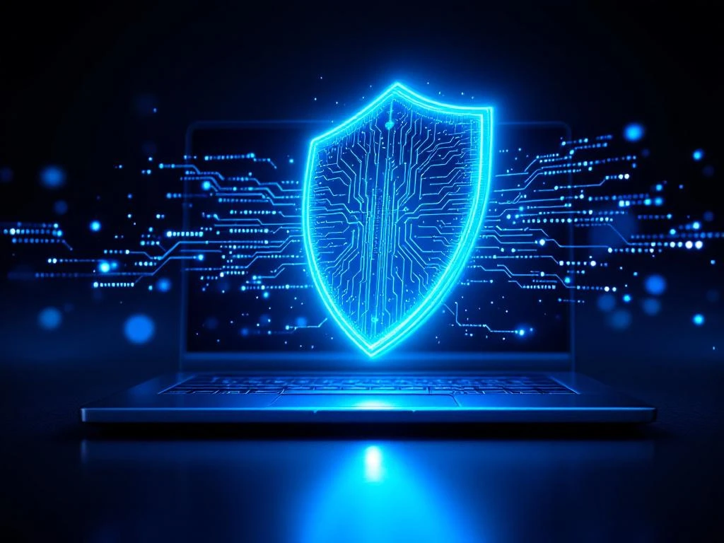microsoft-copilot-cyberbeveiliging-bescherming.jpg Digitaal blauw beveiligingsschild boven laptop met Microsoft Copilot interface en versleutelde datastromen