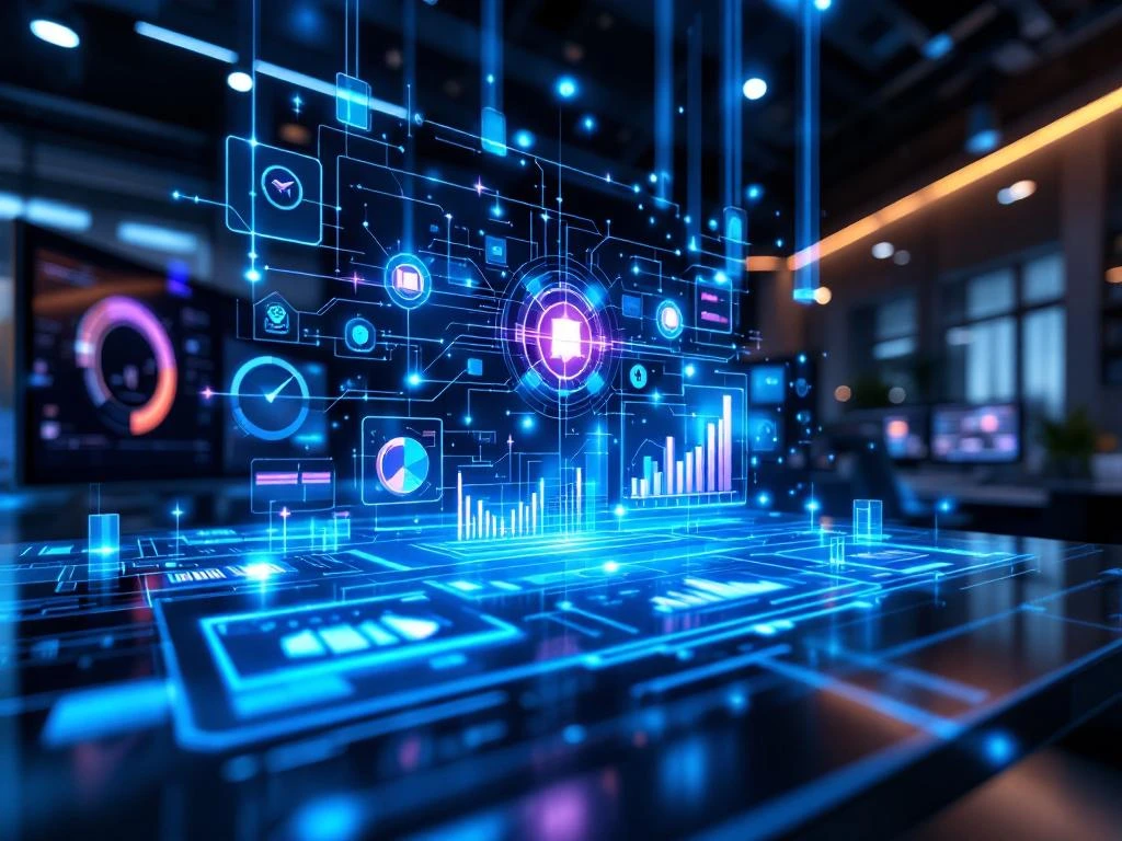 Moderne kantooromgeving met holografische AI-interface boven productieplanningsdashboard met gloeiende datastromen en grafieken