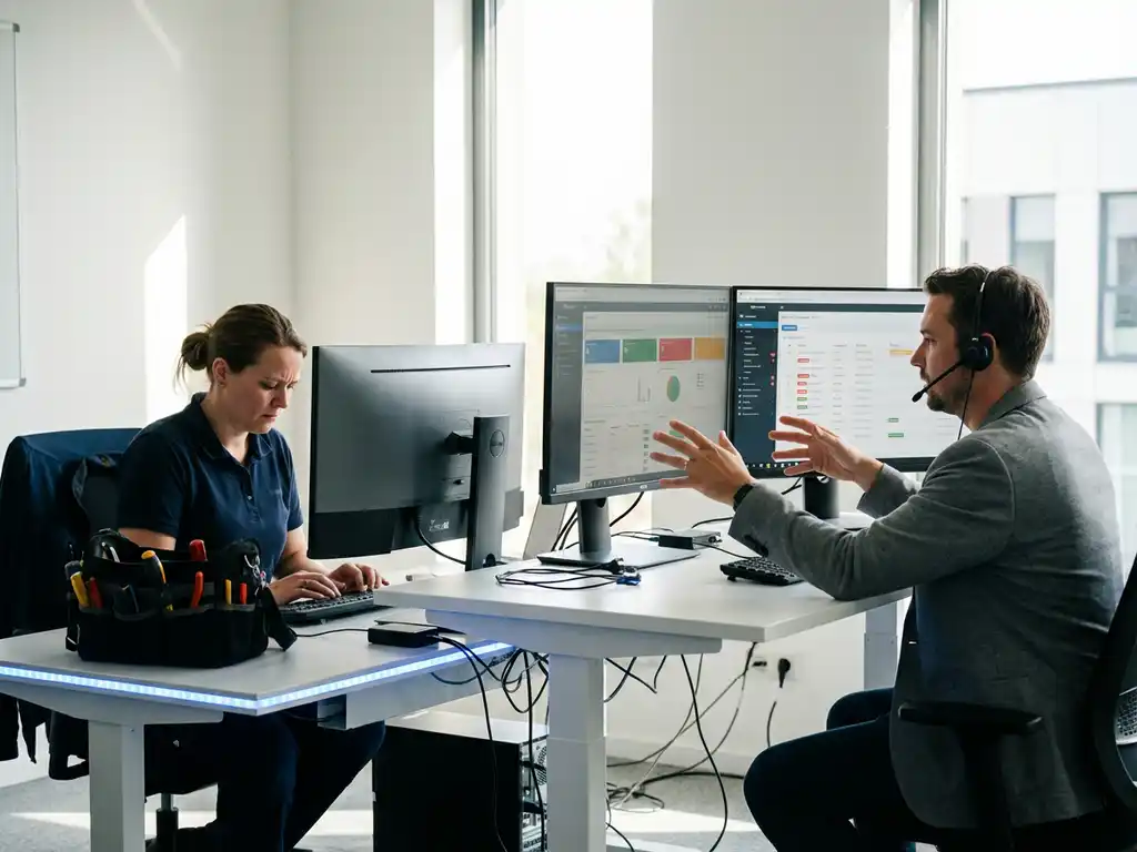 Twee IT-ondersteuningsspecialisten werken aan aangrenzende bureaus, één concentreert zich op één scherm terwijl de ander meerdere monitoren gebruikt in modern kantoor